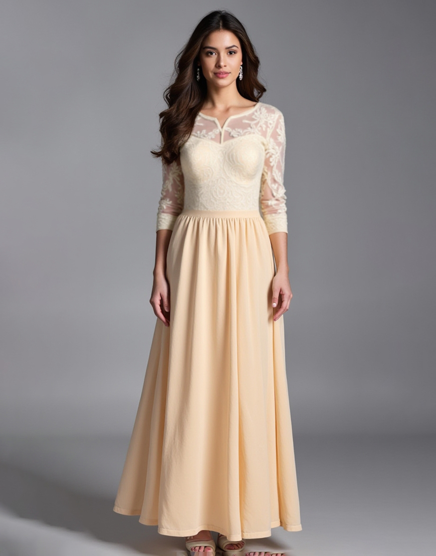 A Line Champagne Scoop Long Sleeve Lace Long Formal Dress 