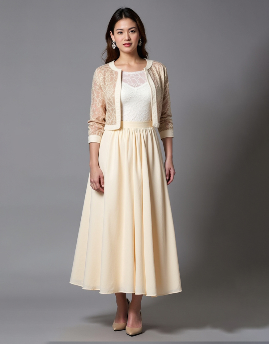 Champagne A-Line Ankle Length Formal Dress with Lace Jacket