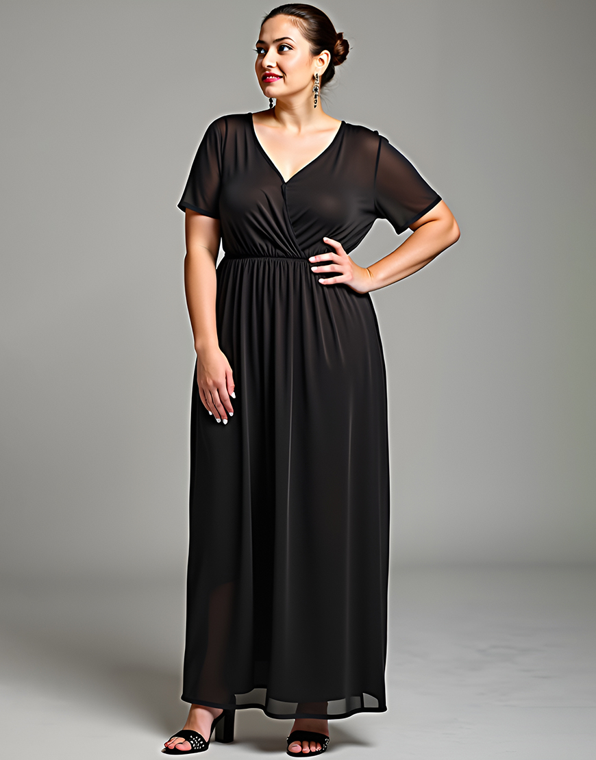 Black A-Line V Neck Short Sleeve Ruched Long Formal Dress 
