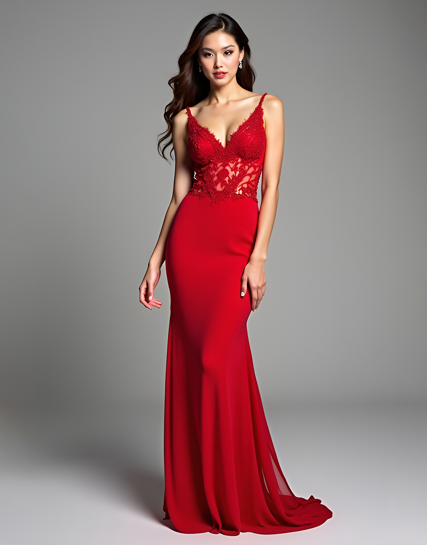 Bodycon Red Spaghetti Straps Lace Long Prom Dress With Slit