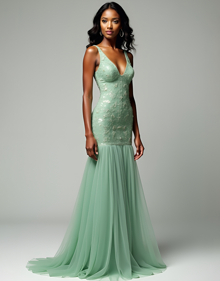Sparkly Mermaid Dusty Sage V Neck Lace Long Prom Dress