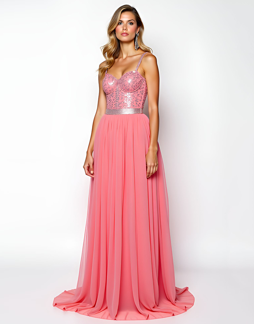Sparkly Spaghetti Straps A Line Watermelon Backless Long Prom Dress