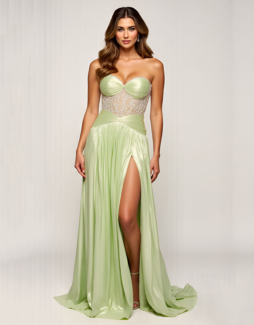 Sage Sweetheart A Line Slit Long Prom Dress with Appliques