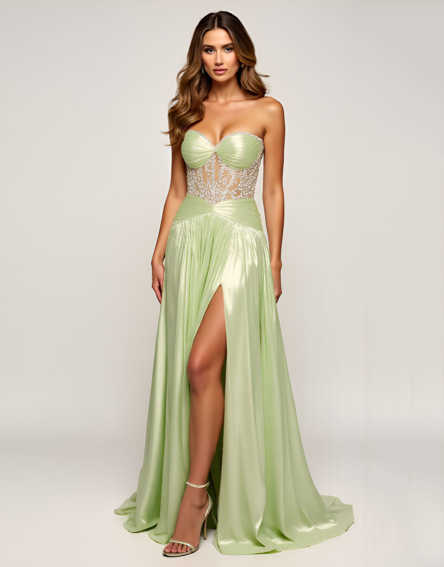 Sage Sweetheart A Line Slit Long Prom Dress with Appliques