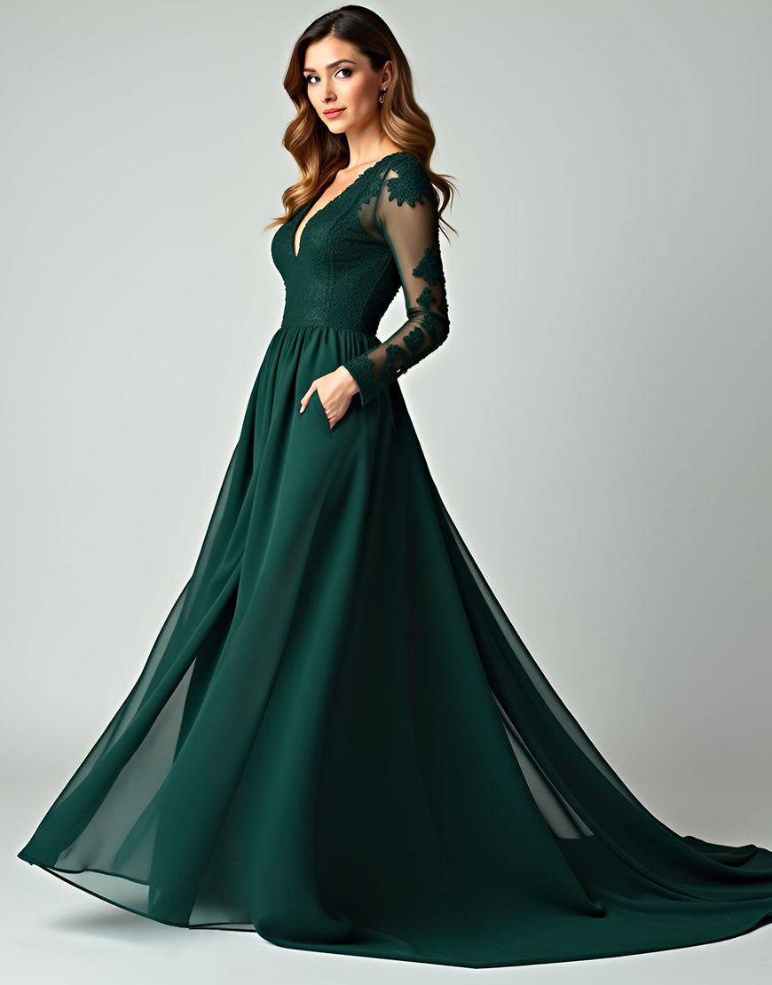 A Line V-Neck Pine Long Sleeves Prom Dress with Appliques