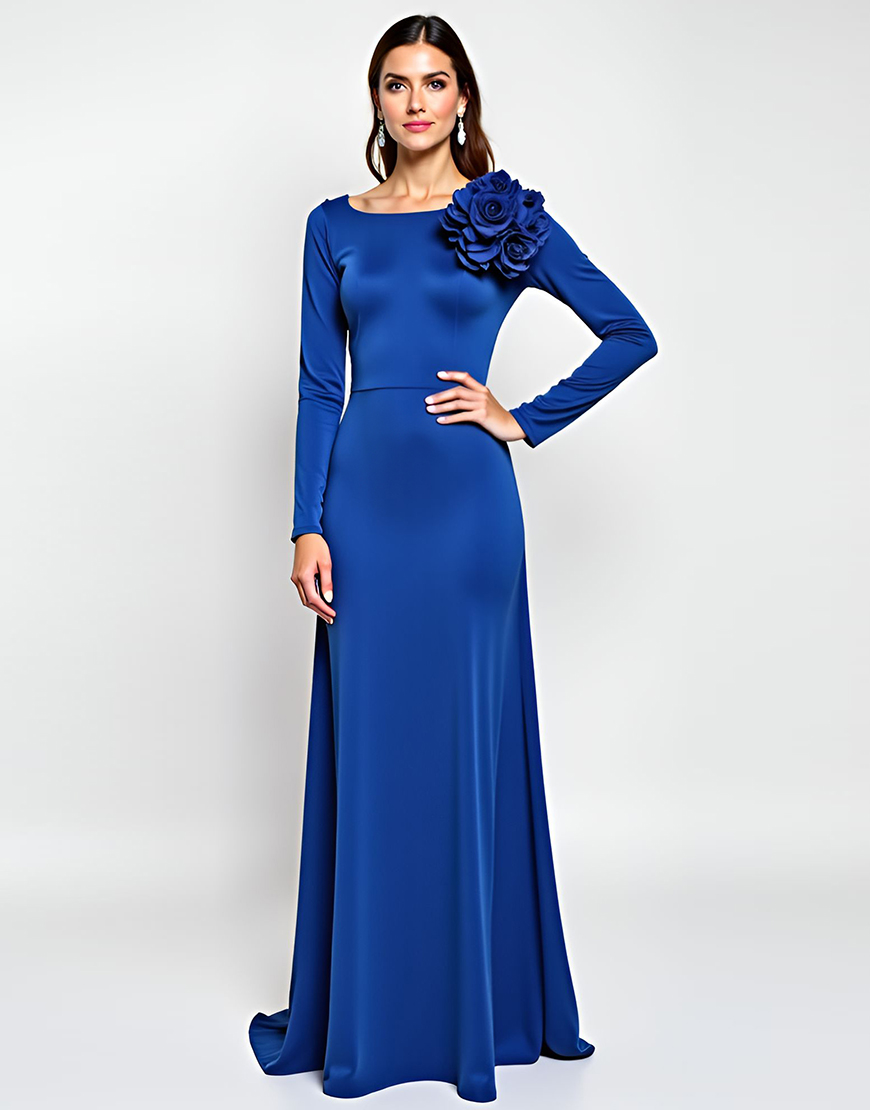 Royal Blue Sheath Long Sleeves Satin Mother of the Bride Dress with 3D Flowers