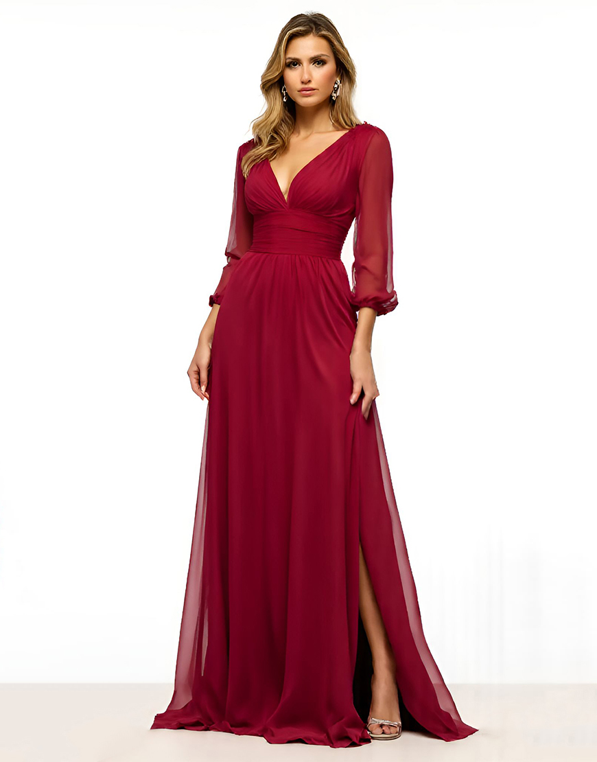 Burgundy A Line V Neck Mother of the Bride Dress with Half Sleeves