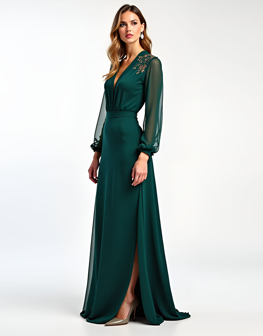 Pine V Neck Appliqued Long Sleeves Mother of the Bride Dress with Slit