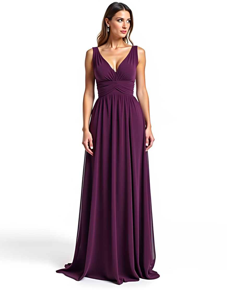 A Line Purple V Neck Ruched Long Mother of the Bride Dress