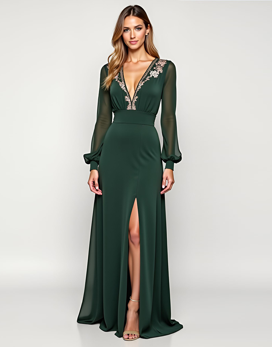 A Line Pine Deep V-Neck Long Sleeve Appliqued Mother of the Bride Dress with Slit