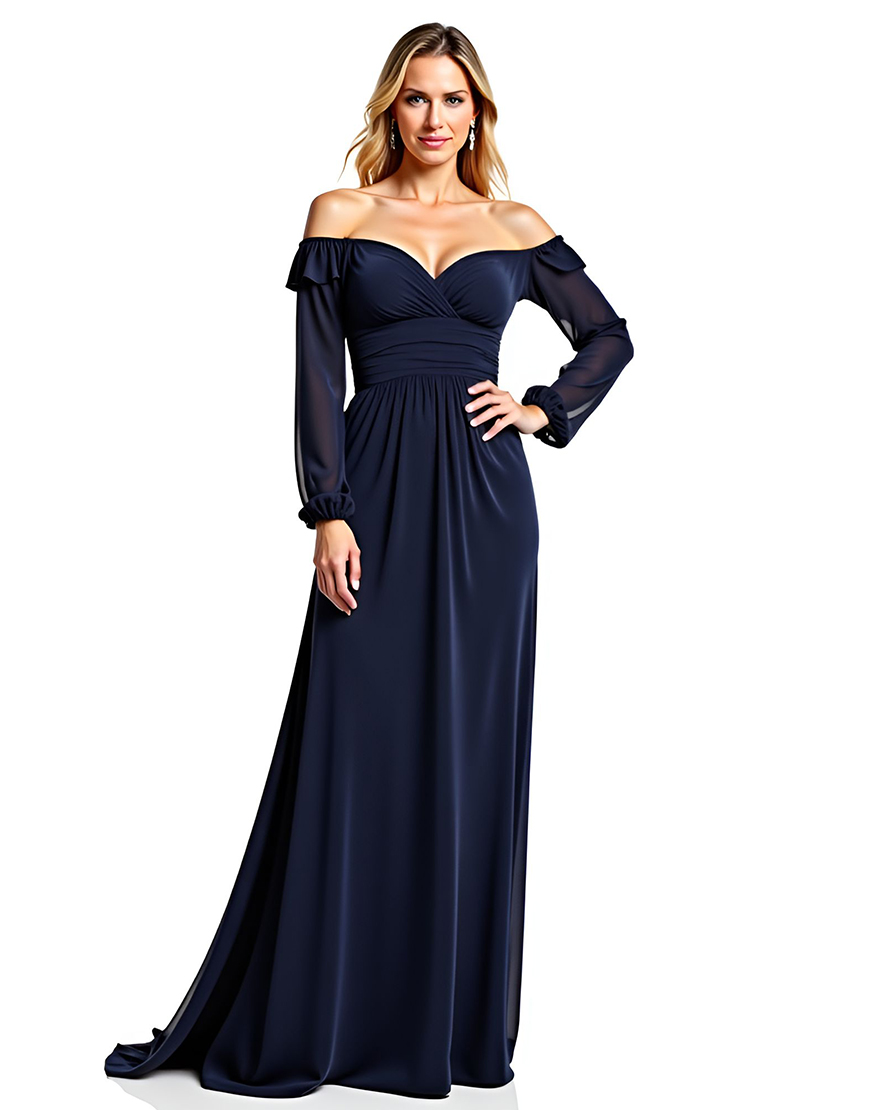 Navy A Line Off the Shoulder Long Sleeves Ruched Mother of the Bride Dress