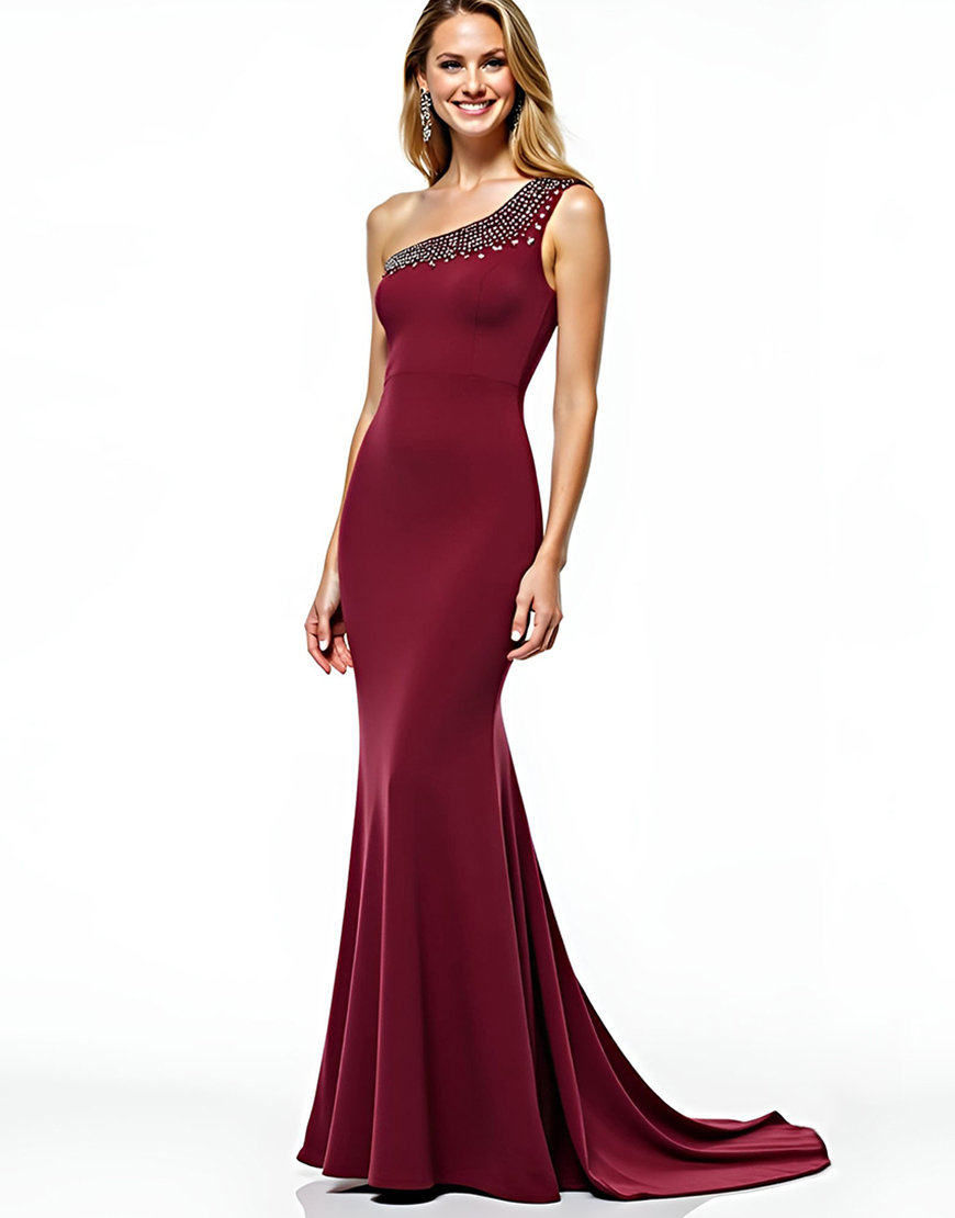 Burgundy One Shoulder Mermaid Beaded Long Mother of the Bride Dress