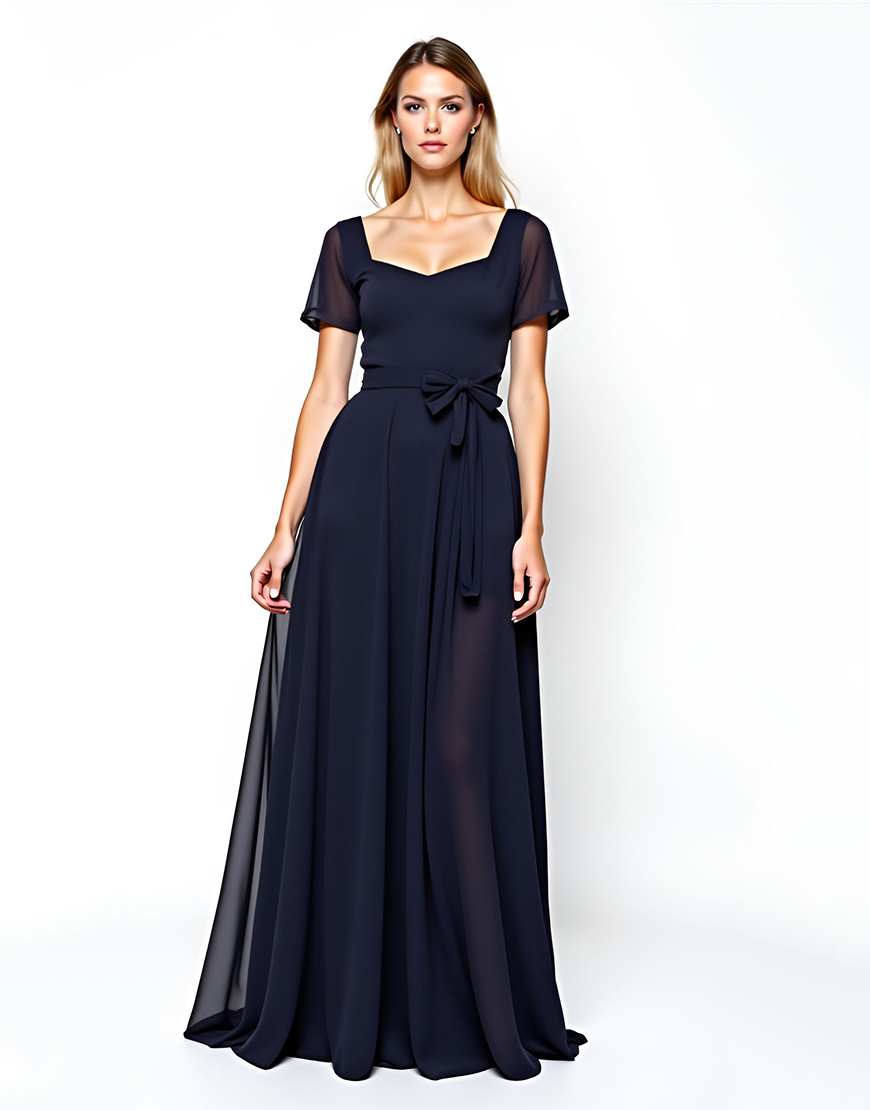 Navy A Line Square Neck Short Sleeves Chiffon Mother of the Bride Dress