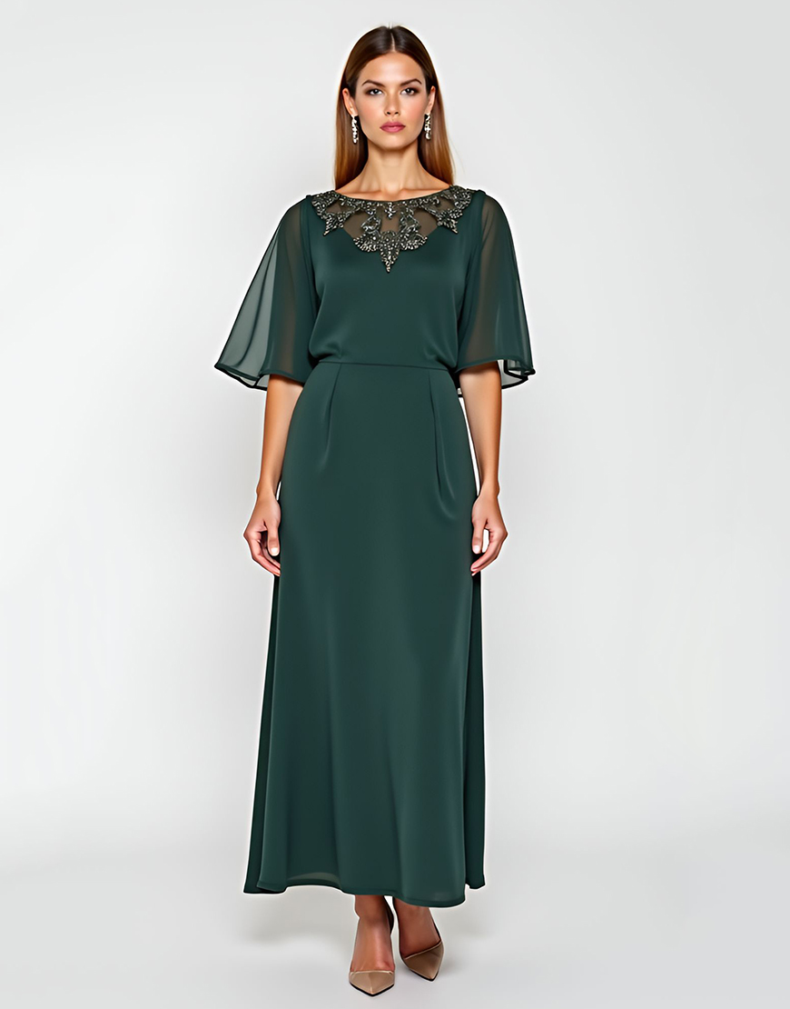 Pine Chiffon Appliqued Scoop Neck Short Sleeves Mother of the Bride Dress