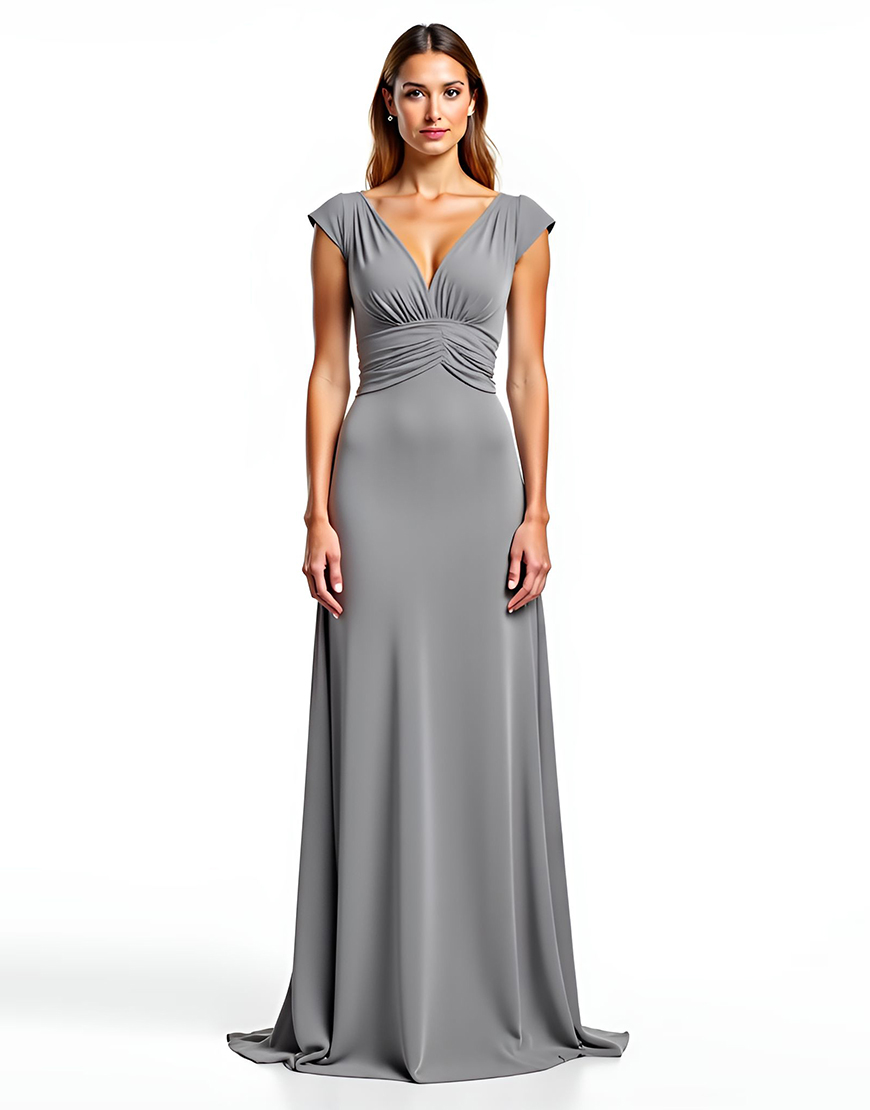 Sliver Sheath V-Neck Long Ruched Chiffon Mother of the Bride Dress