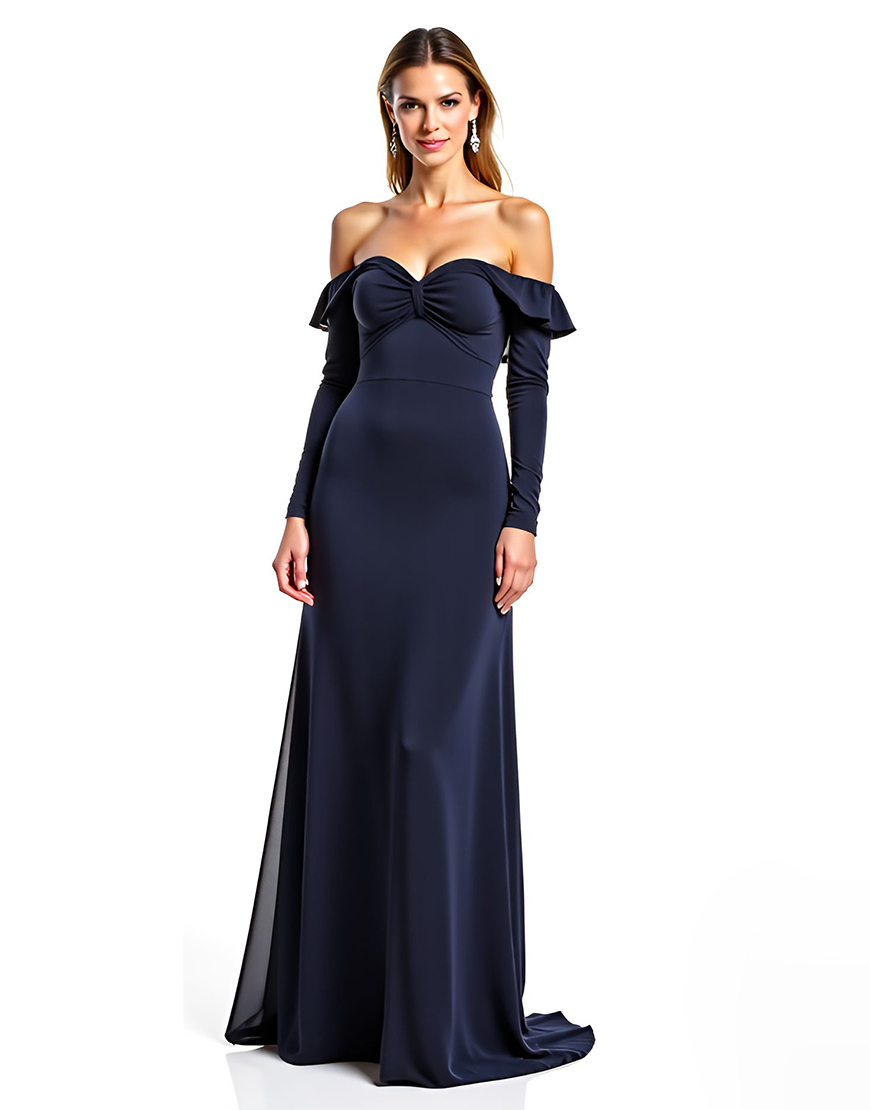 Navy Sheath Off The Shoulder Long Sleeves Mother Of The Bride Dress With Ruffles