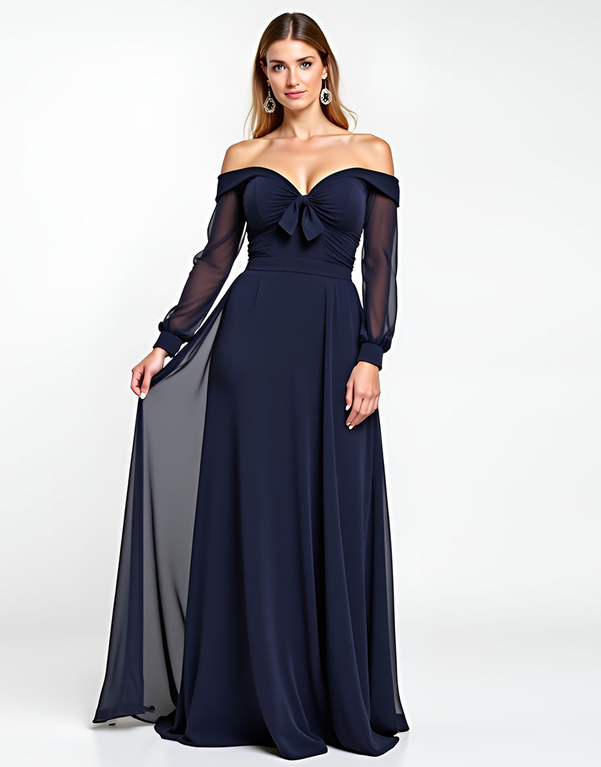 Navy Off the Shoulder A Line Long Sleeves Chiffon Mother of the Bride Dress with Bowknot