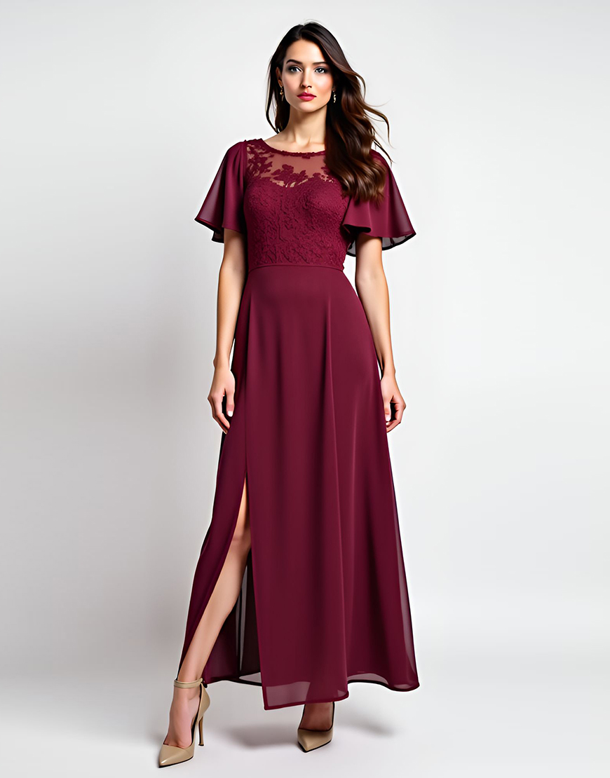 Burgundy A Line Scoop Neck Appliqued Long Mother of the Bride Dress with Slit