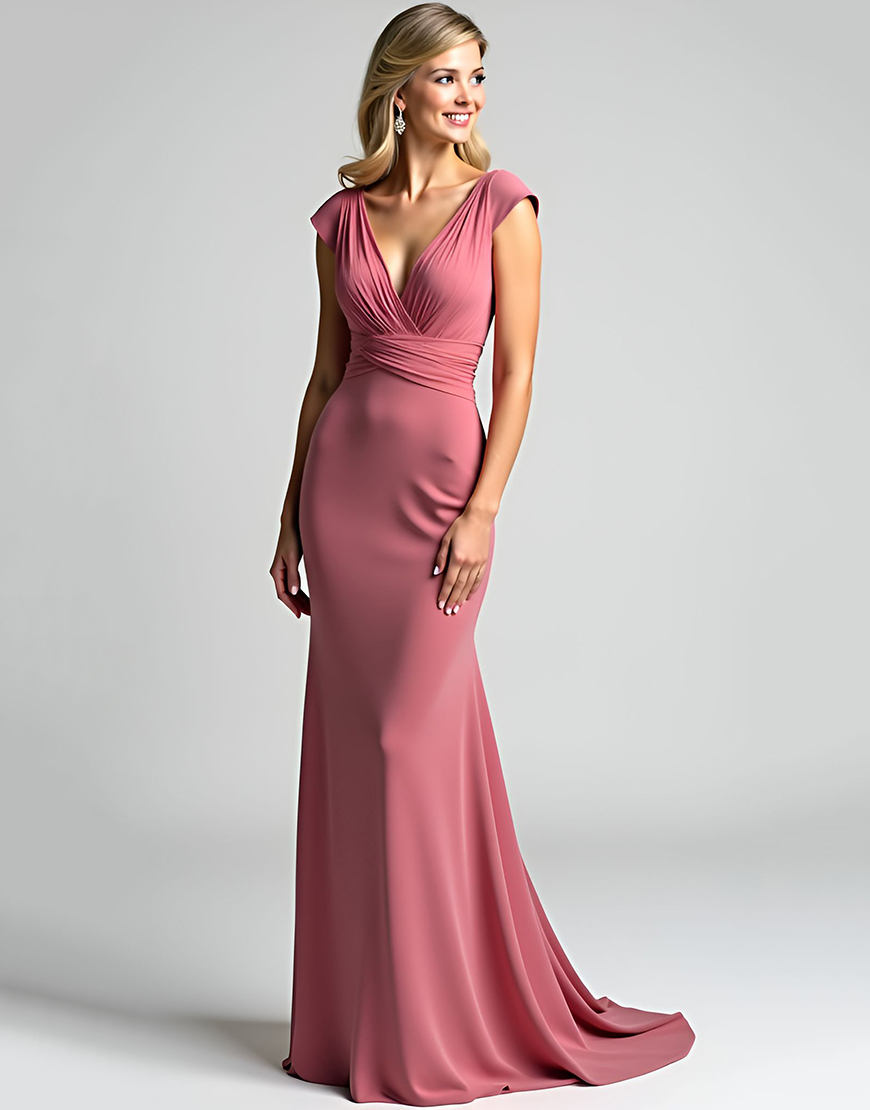 Mermaid Desert Rose V-Neck Ruched Long Mother of the Bride Dress