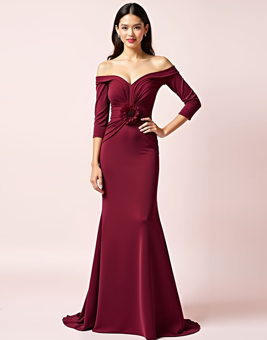 Burgundy Off the Shoulder Mermaid Long Sleeves Ruched Mother of the Bride Dress with 3D Flower