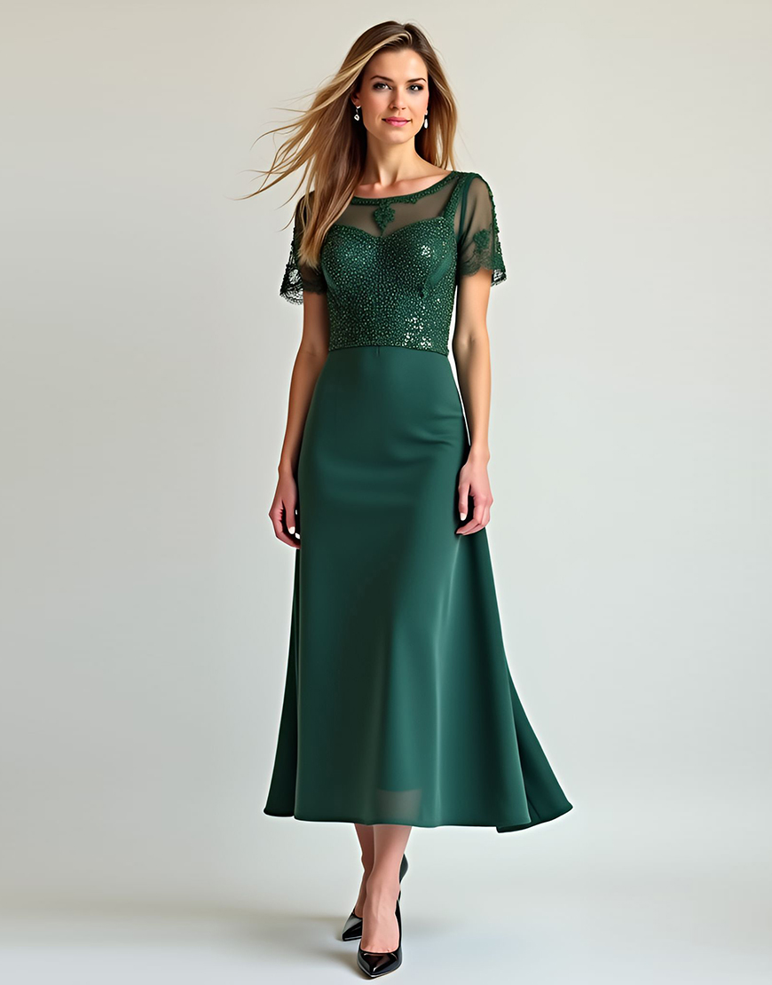 Sparkly Pine Illusion Neck Beaded Mother of the Bride Dress 