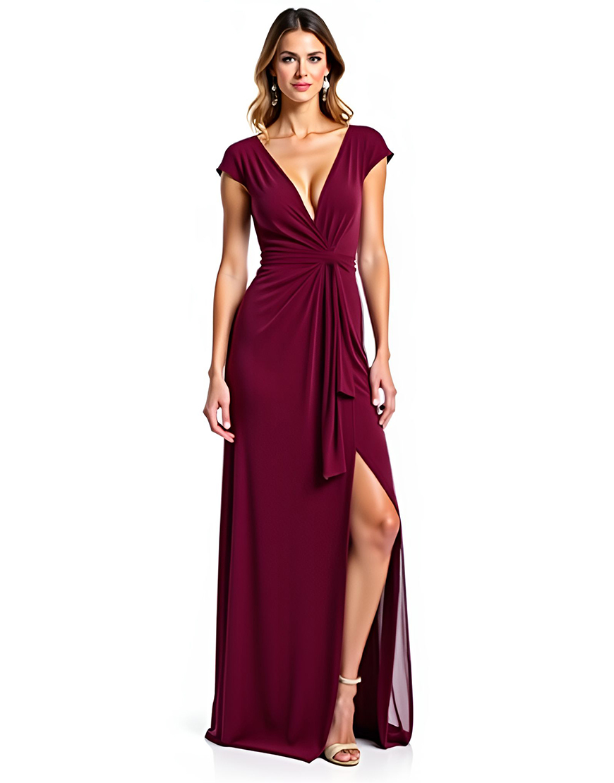 Burgundy Sheath V-Neck Ruched Long Mother of the Bride Dress with Slit