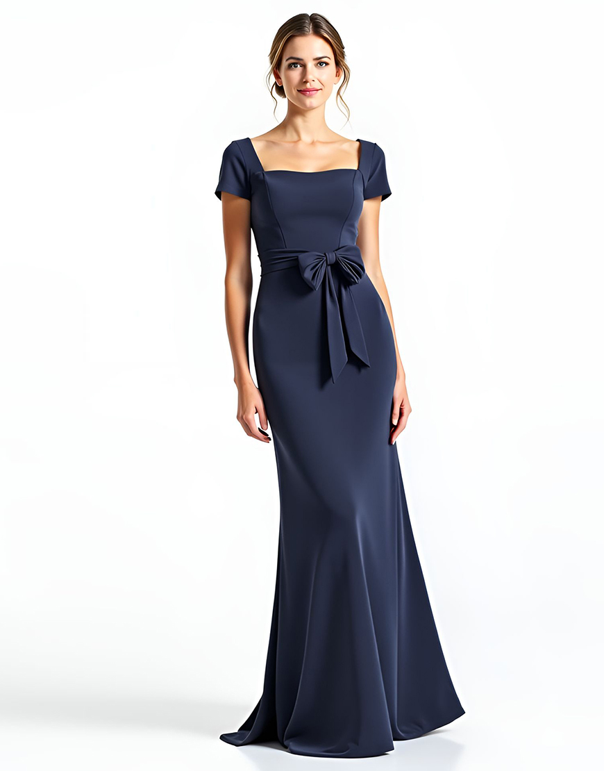 Navy Sheath Square Neck Long Mother of the Bride Dress with Bow
