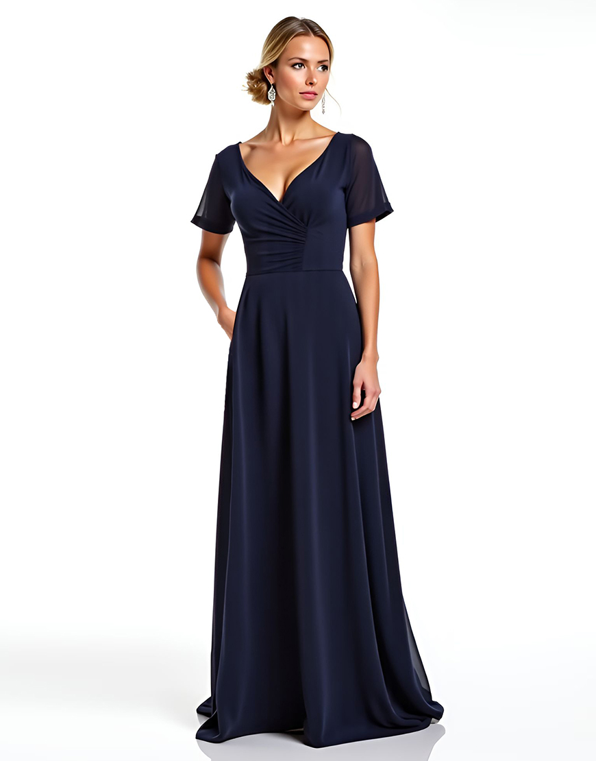 Navy V-Neck Short Sleeve Ruched Long Mother of the Bride Dress