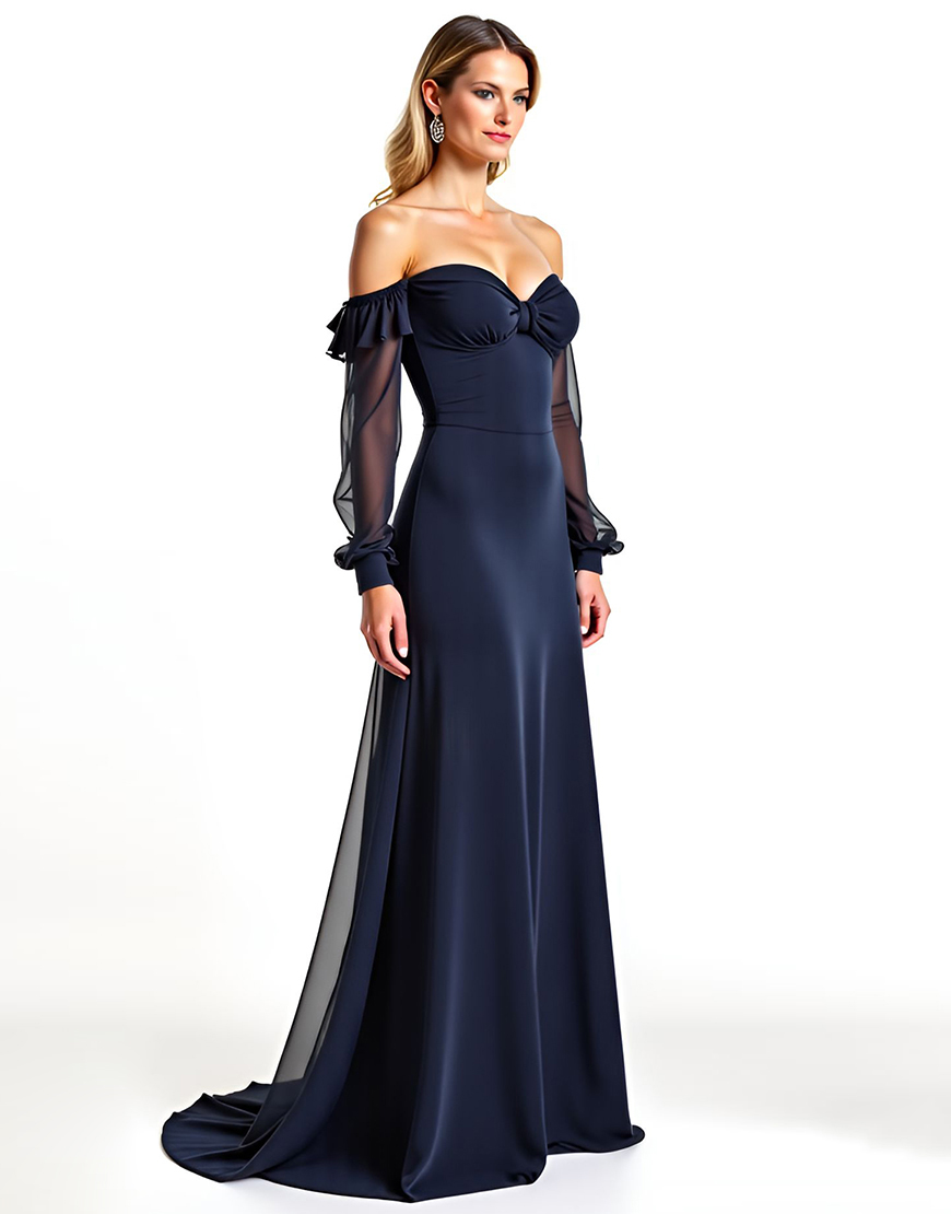 Navy Off The Shoulder Long Sheer Sleeves Mother of the Bride Dress with Ruffles