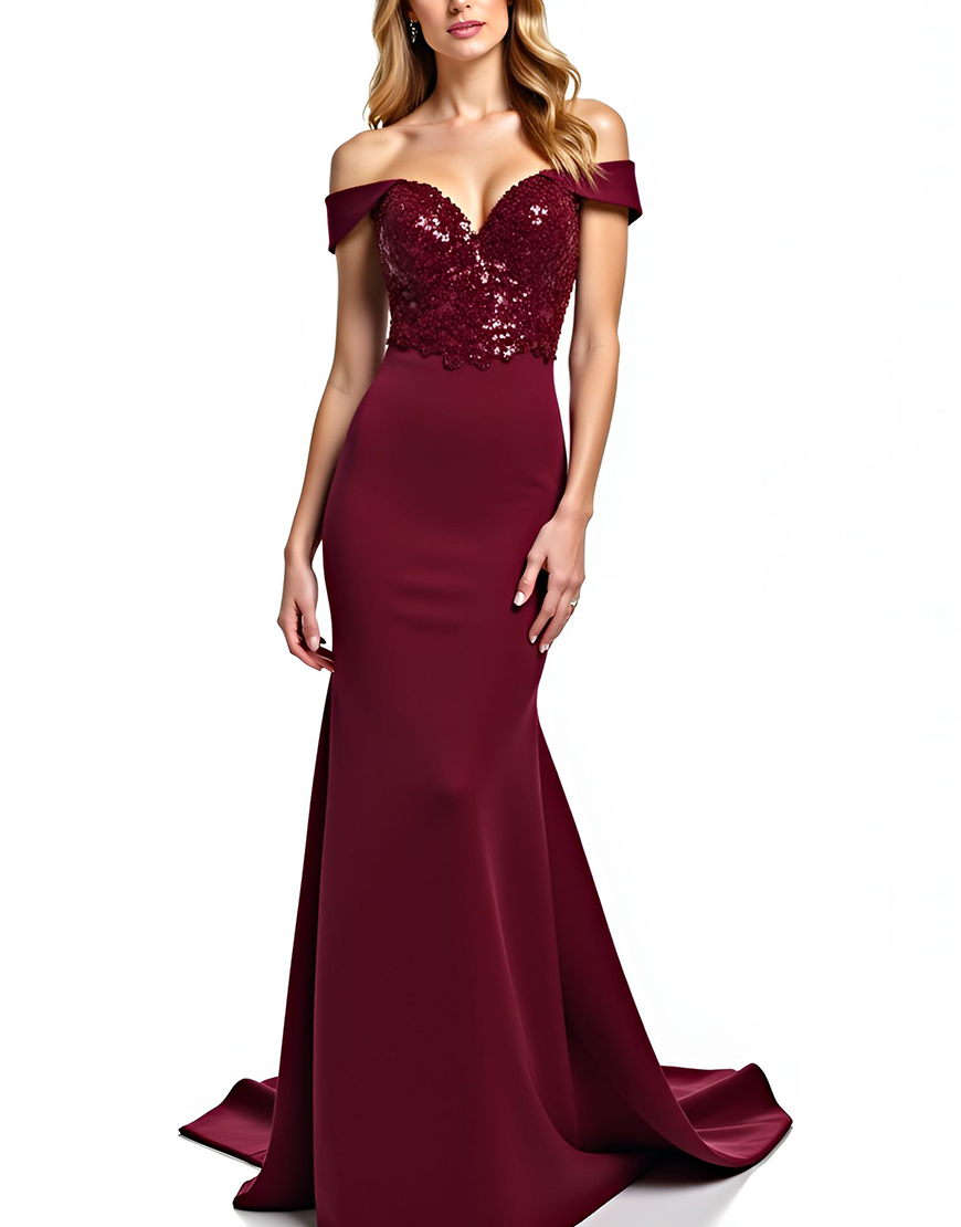 Sparkly Mermaid Burgundy Off the Shoulder Long Mother of the Bride Dress with Sequins