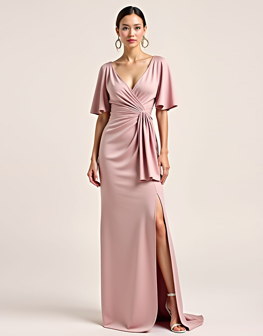 Dusty Rose Short Sleeves Sheath Slit Long Bridesmaid Dress with Ruffles