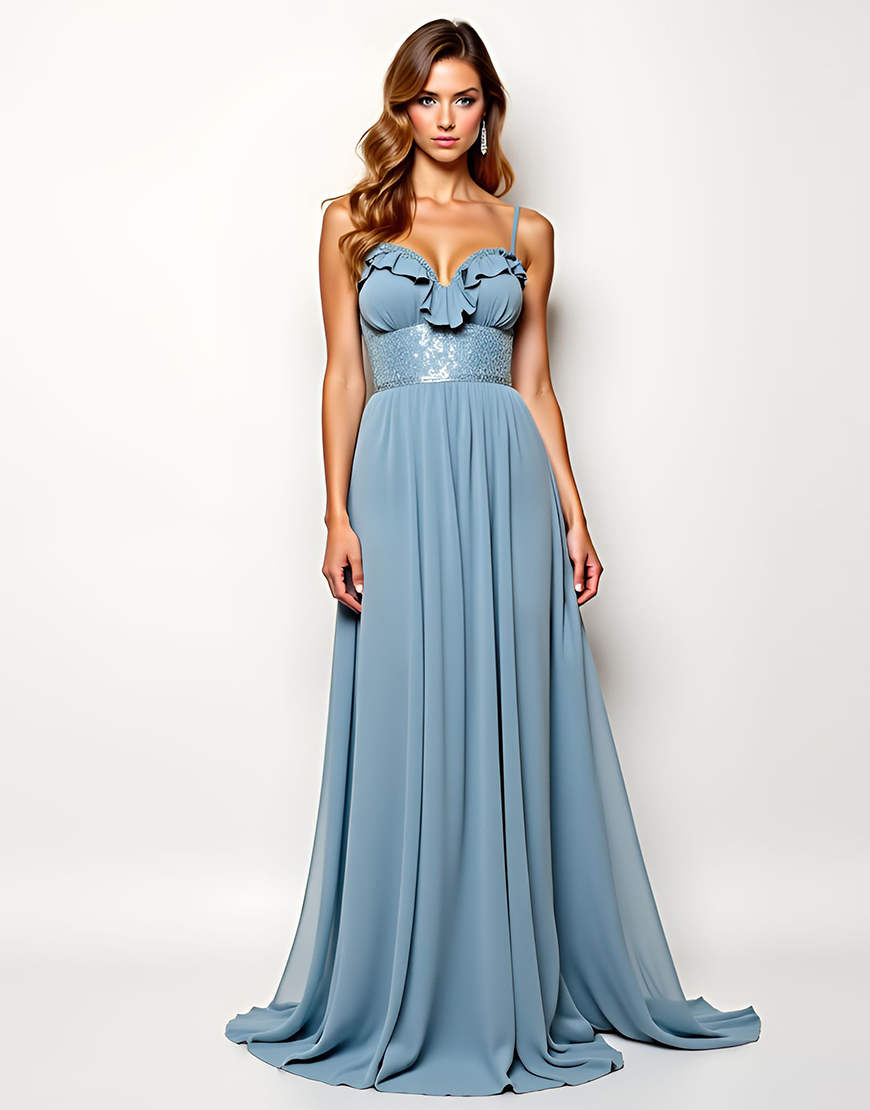 Sparkly A Line Dusty Blue Spaghetti Straps Chiffon Wedding Guest Dress