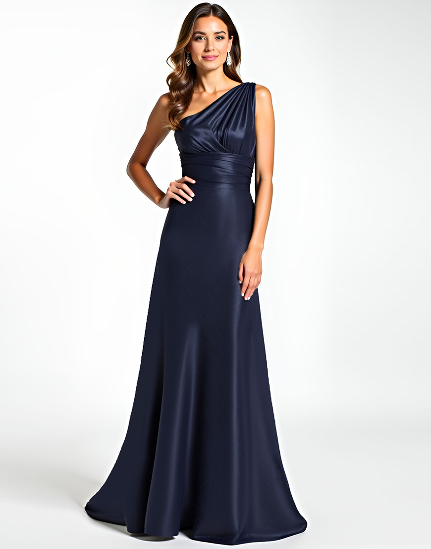 Navy A Line One Shoulder Ruched Satin Long Mother of the Bride Dress