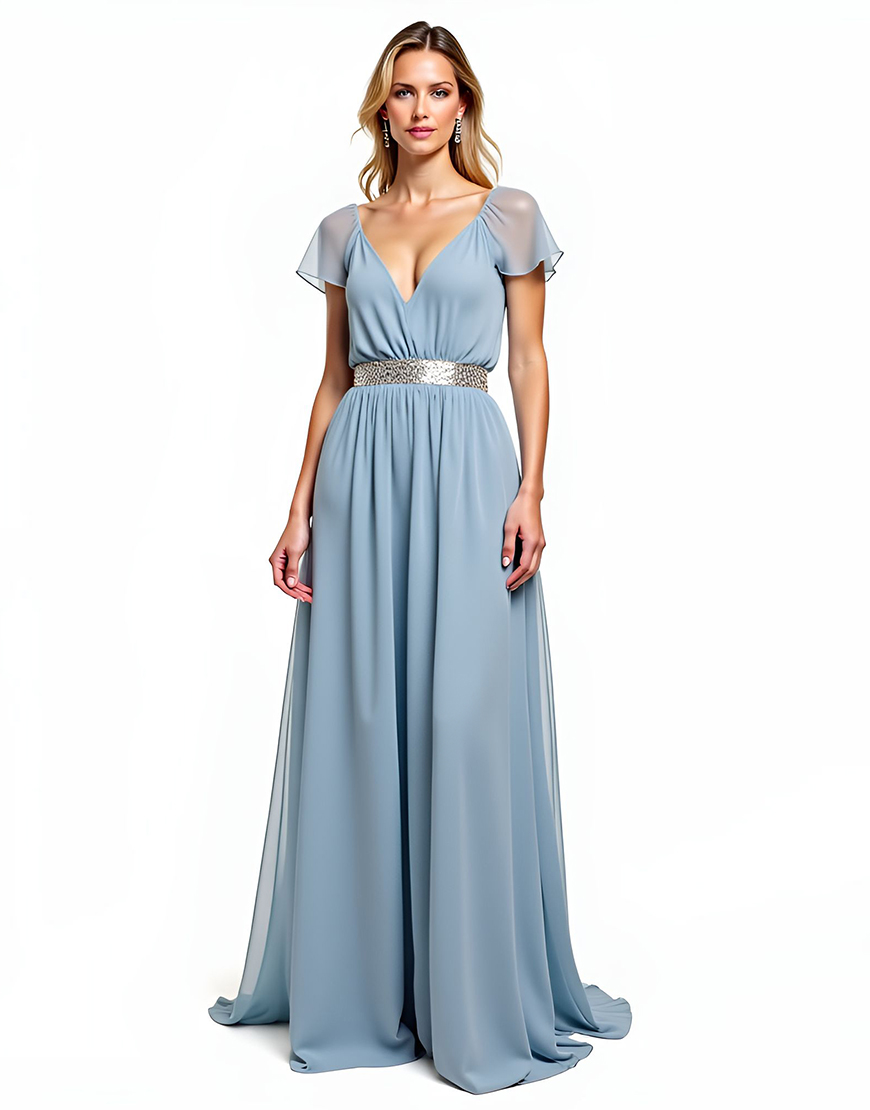 Sparkly Dusty Blue A Line V-Neck Short Sleeves Long Wedding Guest Dress