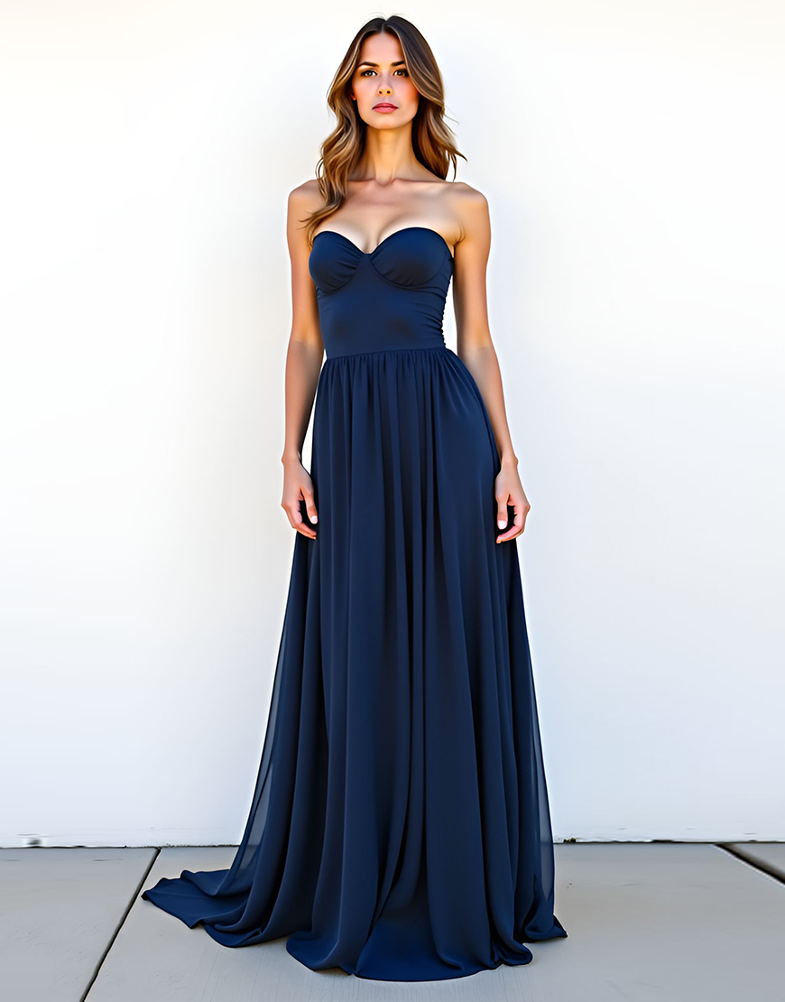 Navy A Line Sweetheart Ruched Long Chiffon Wedding Guest Dress