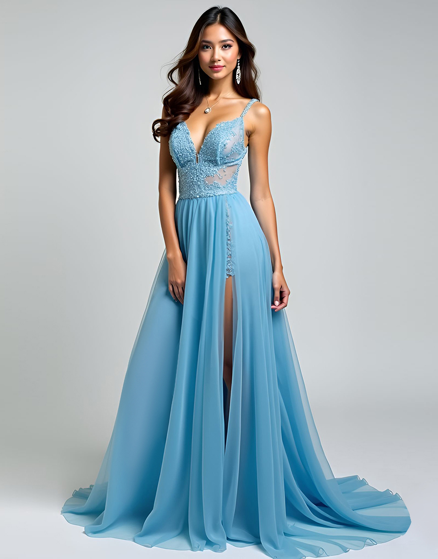 Light Blue A Line Spaghetti Straps Appliqued Long Prom Dress with Slit