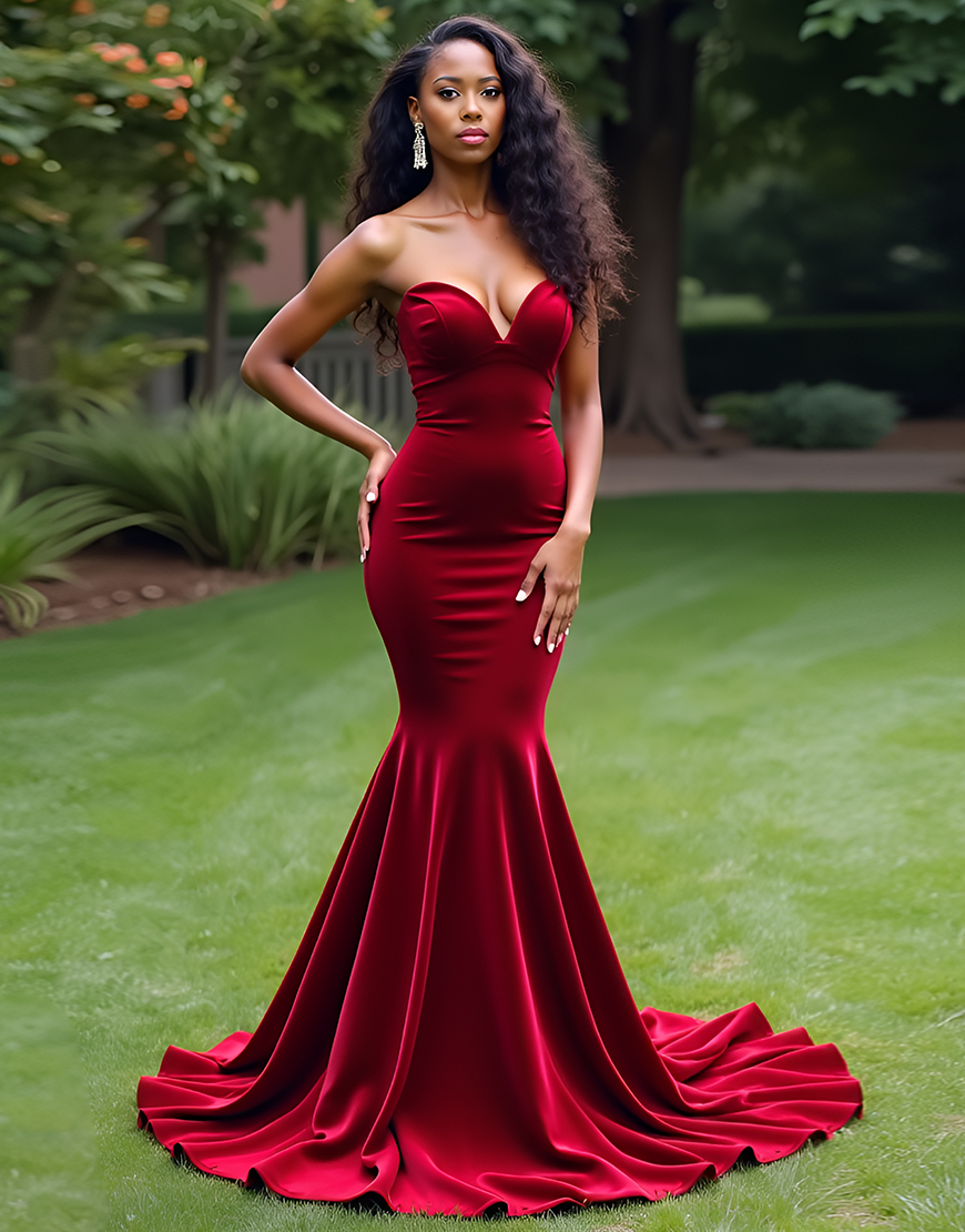 Simple Burgundy Mermaid Strapless Velvet Long Prom Dress