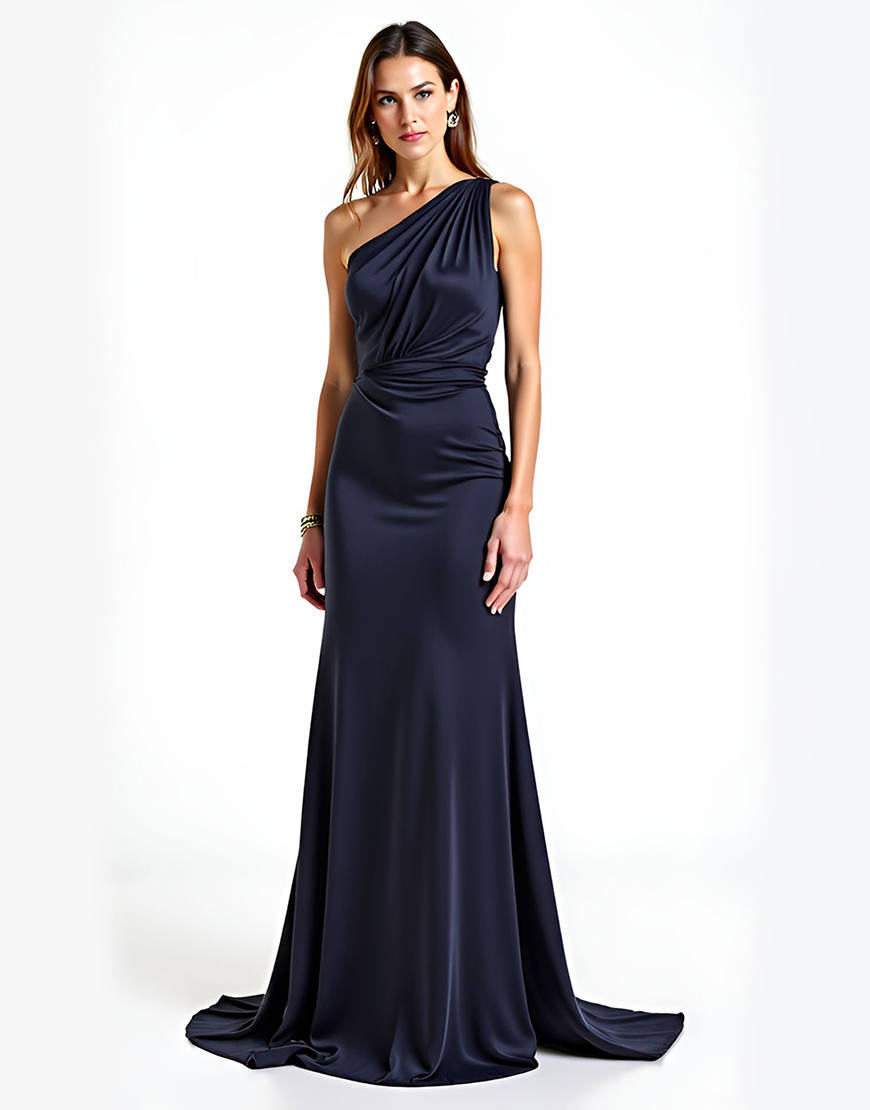 Navy One Shoulder Sheath Long Formal Dress