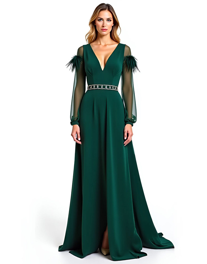 Pine A Line V-Neck Beading Long Formal Dress with Feather
