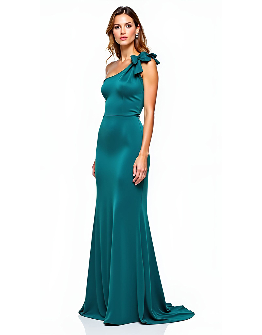 Peacock One Shoulder Sheath Long Formal Dress with Bow