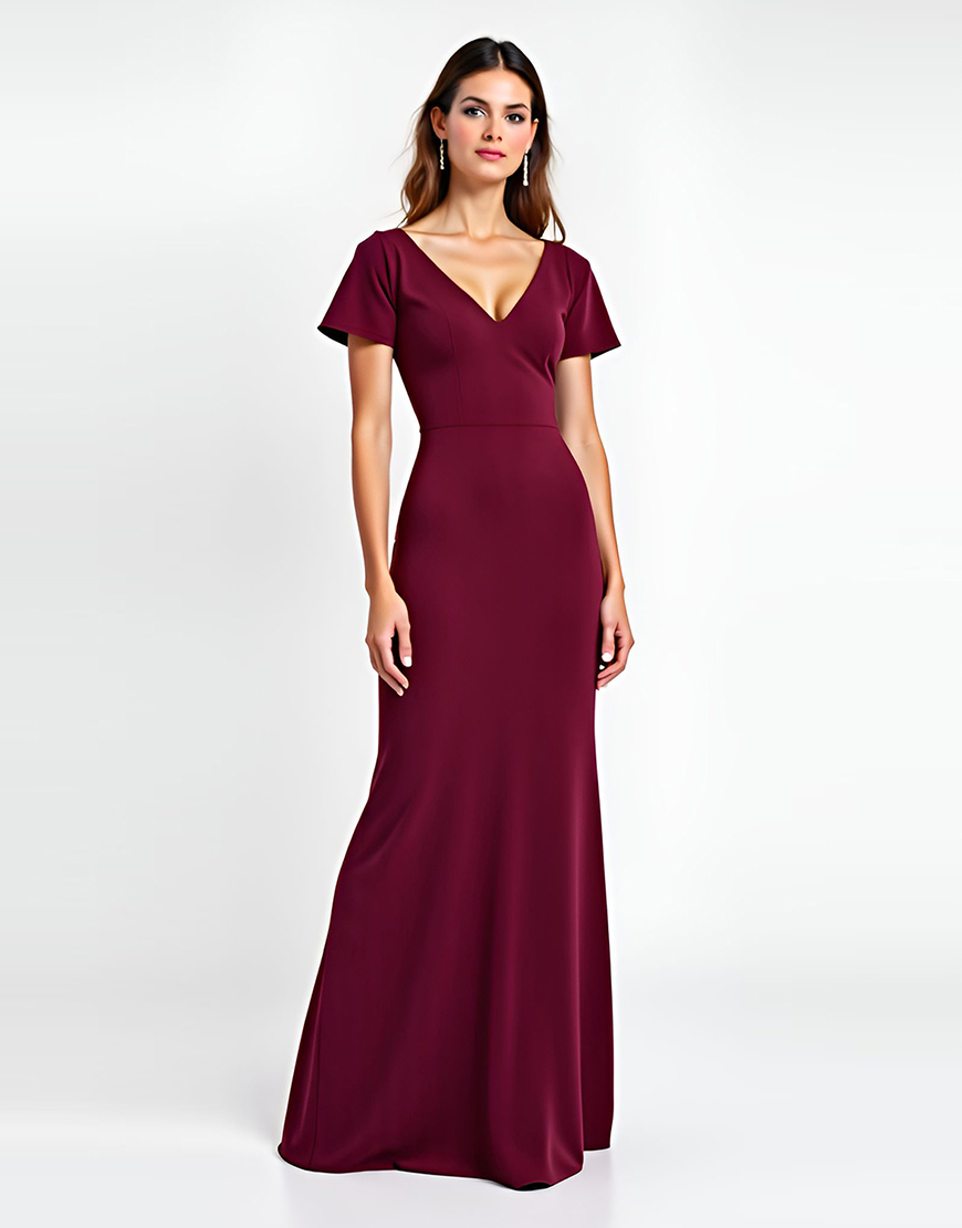 Burgundy Sheath V Neck Long Formal Dress with Short Sleeves
