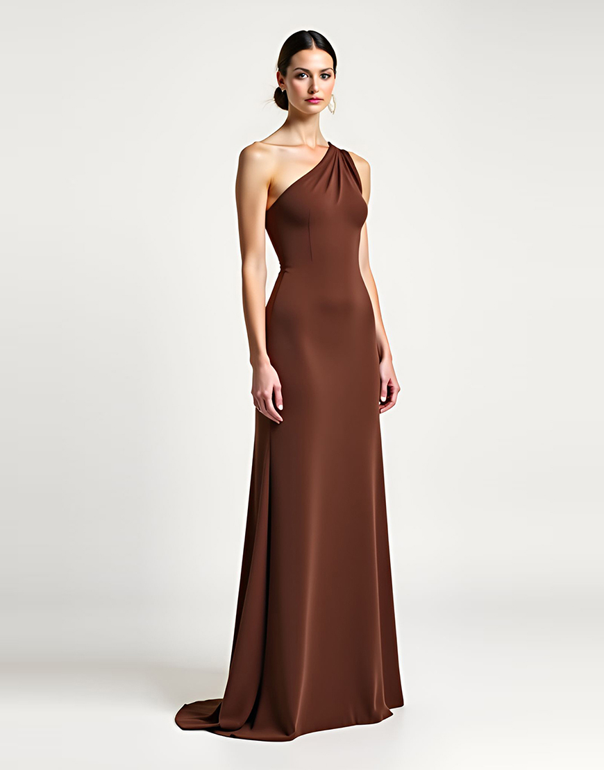 Brown One Shoulder Sheath Long Formal Dress with Bow