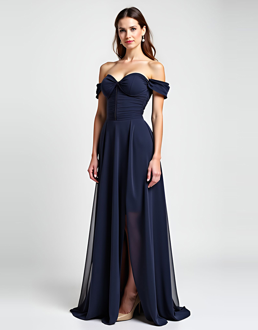 Navy A Line Chiffon Off the Shoulder Long Formal Dress 