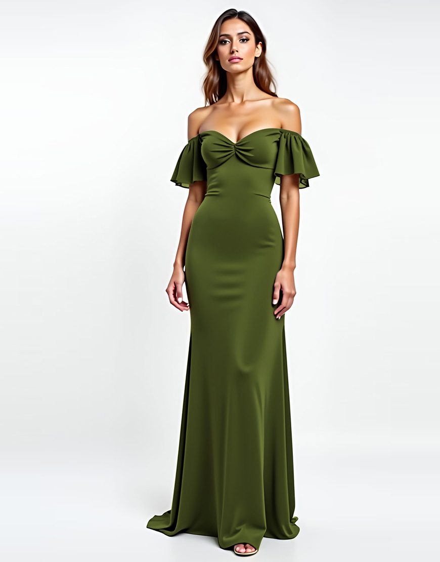 Olive Sheath Ruffle Off the Shoulder Long Formal Dress