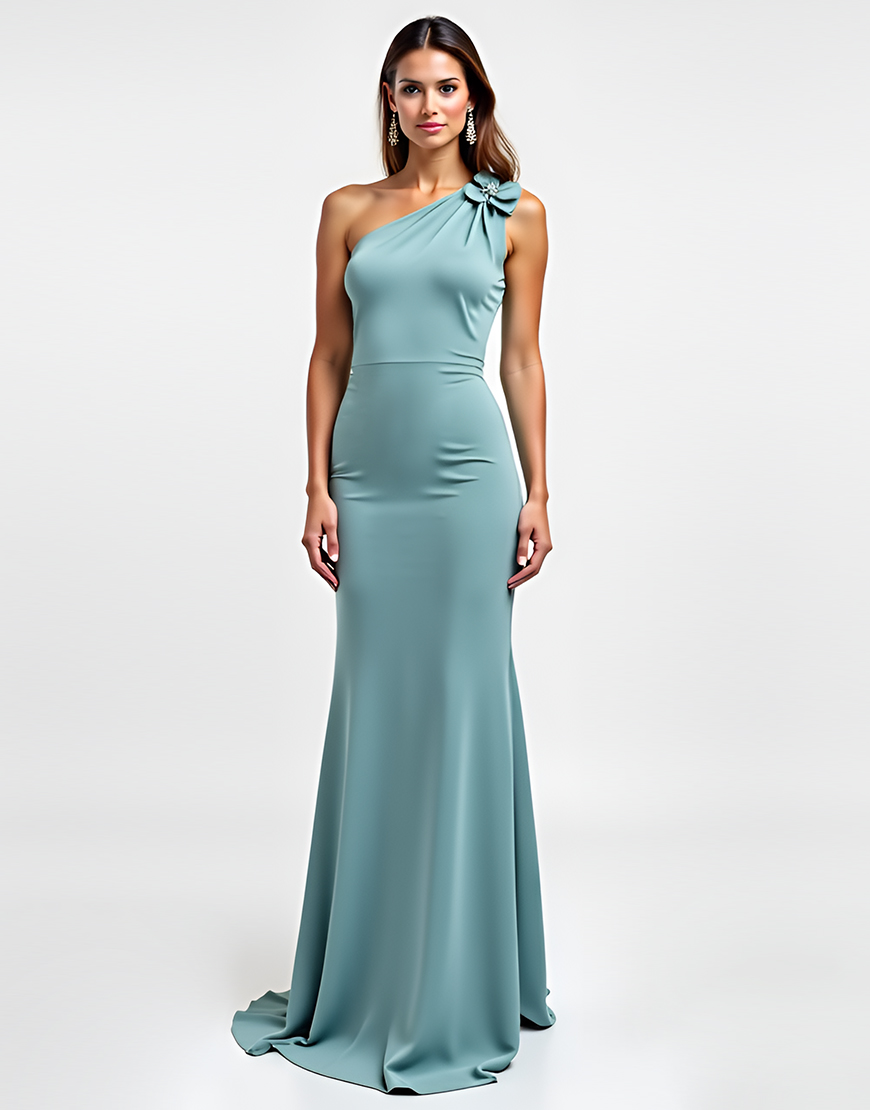 Blue Sheath One Shoulder Long Formal Dress with Flower