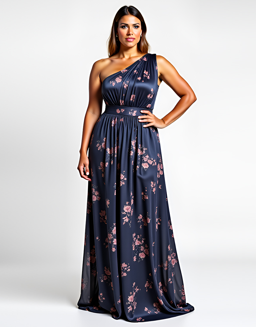 Navy Flower Sheath One Shoulder Long Formal Dress