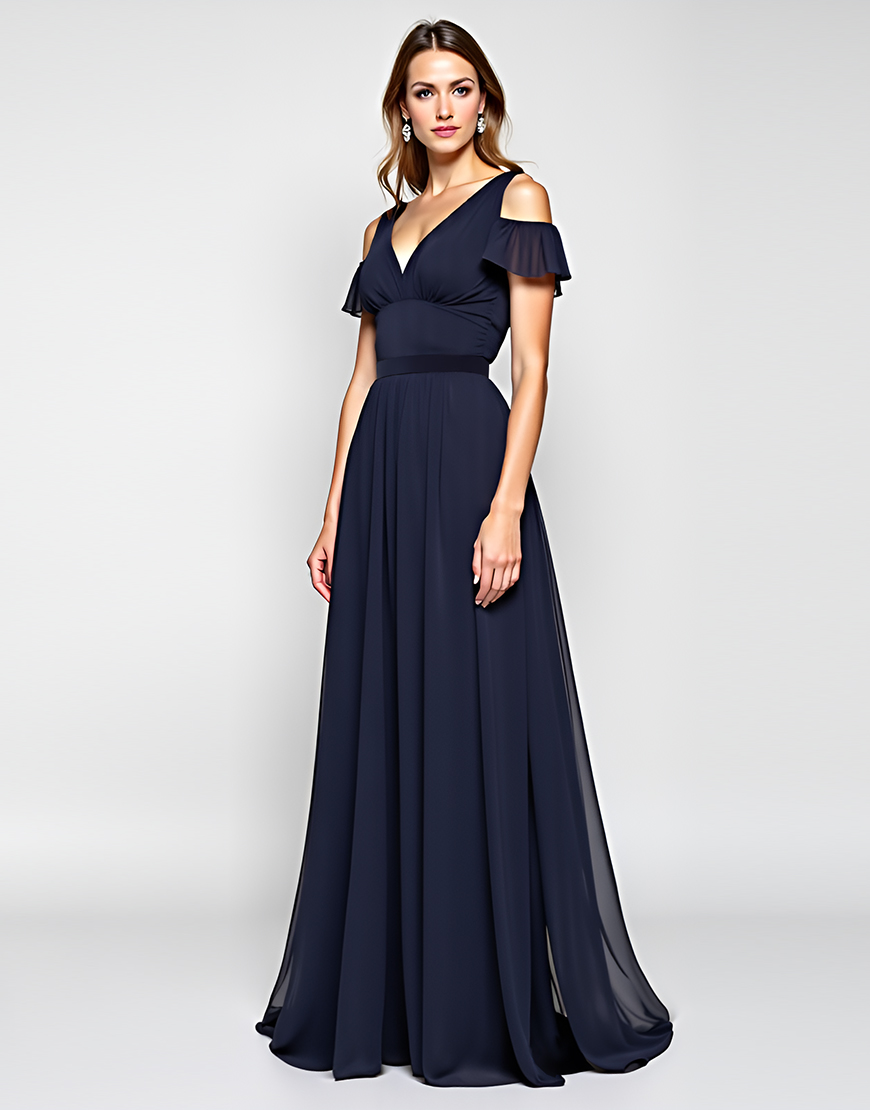 Navy A-Line Cold Shoulder Chiffon Ruffle Long Formal Dress