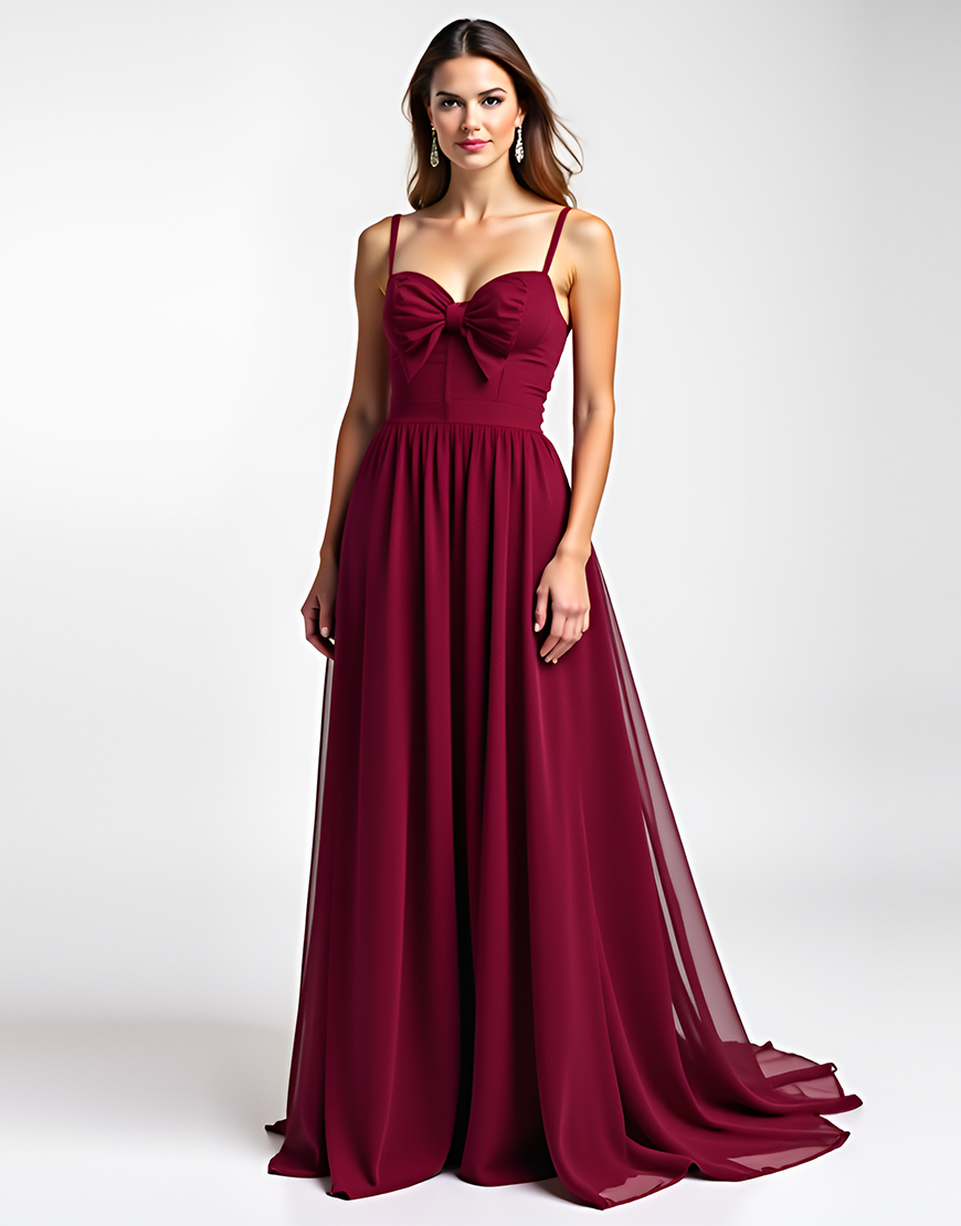 Burgundy A-Line Spaghetti Straps Chiffon Long Formal Dress