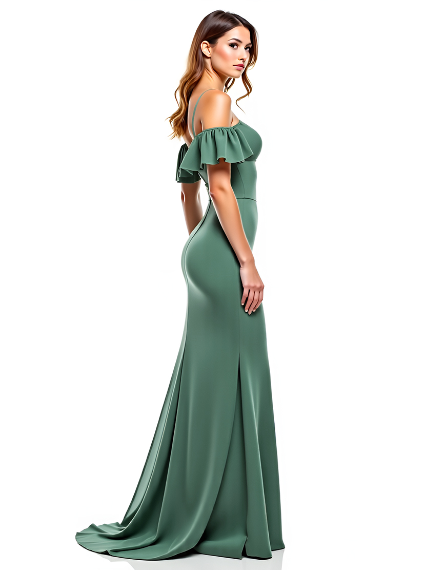 Eucalyptus Sheath Cold Shoulder Ruffle Chiffon Long Formal Dress