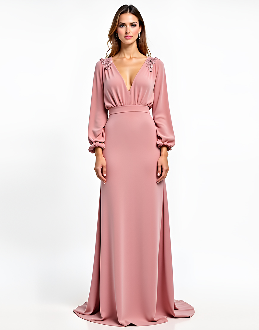 Dusty Rose Sheath Deep V Neck Formal Dress with Long Sleeves